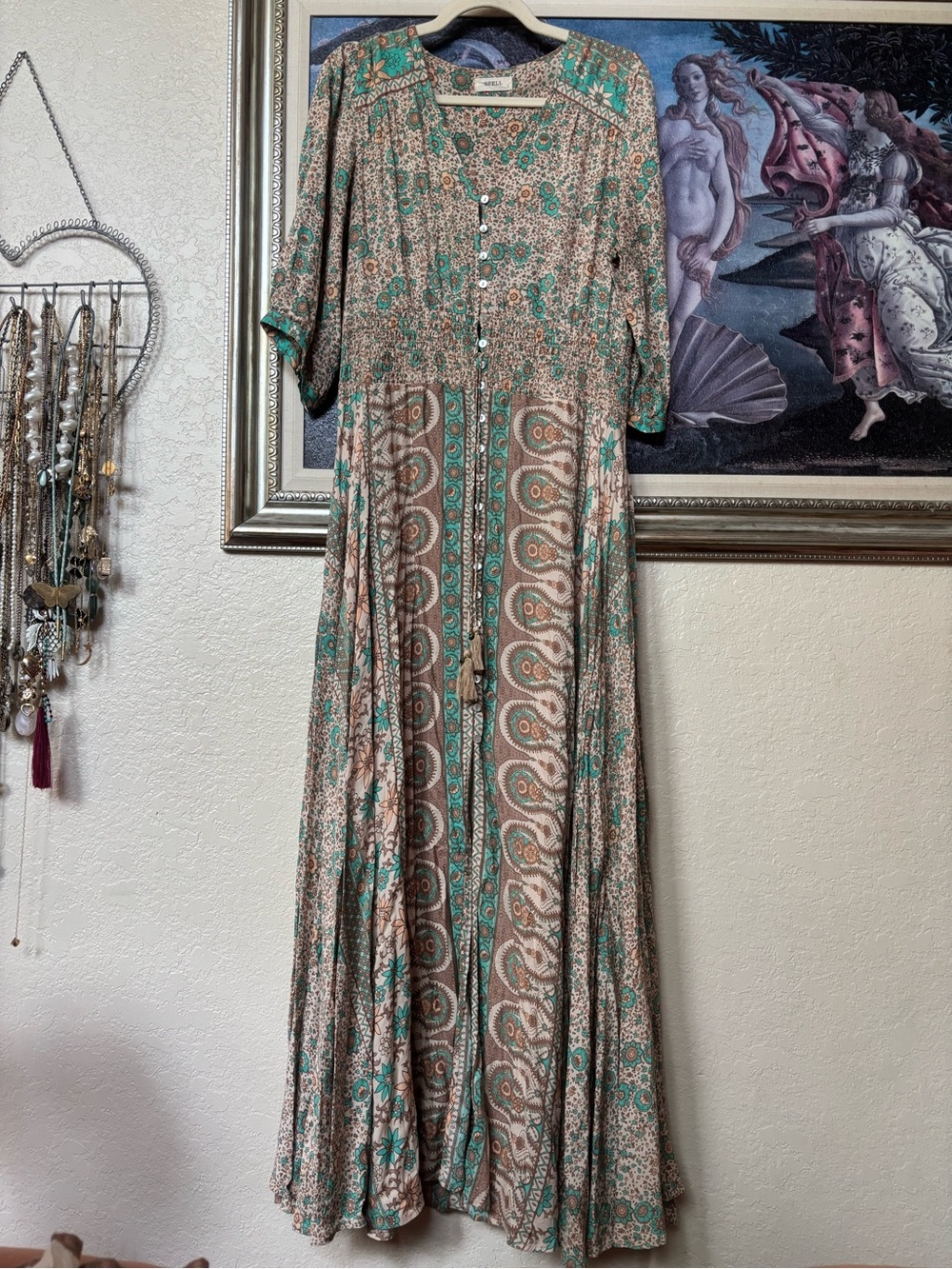 Spell Boho Blossom Paisley Maxi Dress in Teal and Taupe